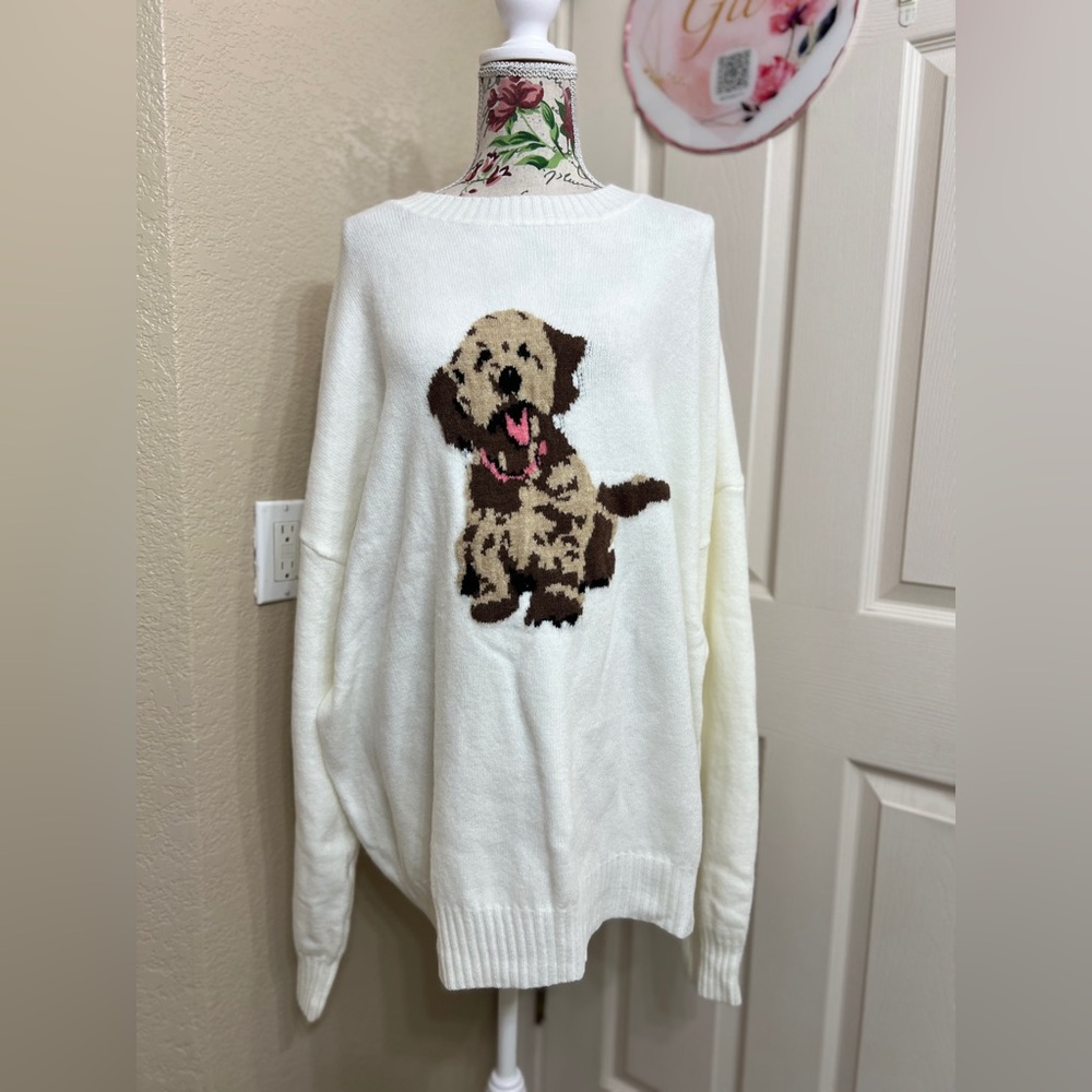 NWOT Women's Cream Sweater with Dog Design